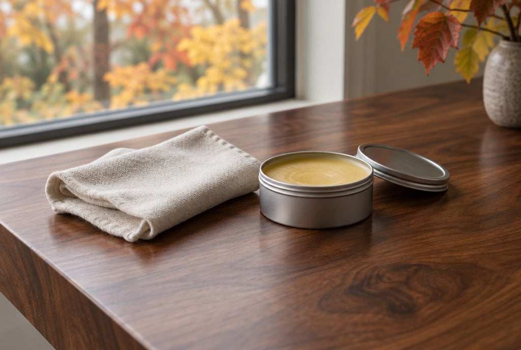A soft cloth and a tin of furniture wax on a solid walnut tabletop by a window with autumn leaves outside