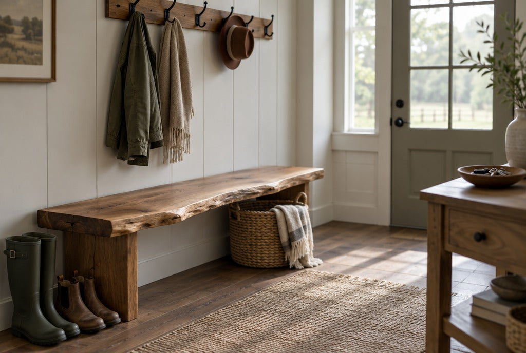 A live-edge solid wood bench and a coat rack in a farmhouse entry with boots, a basket and a small console table with keys in a bowl