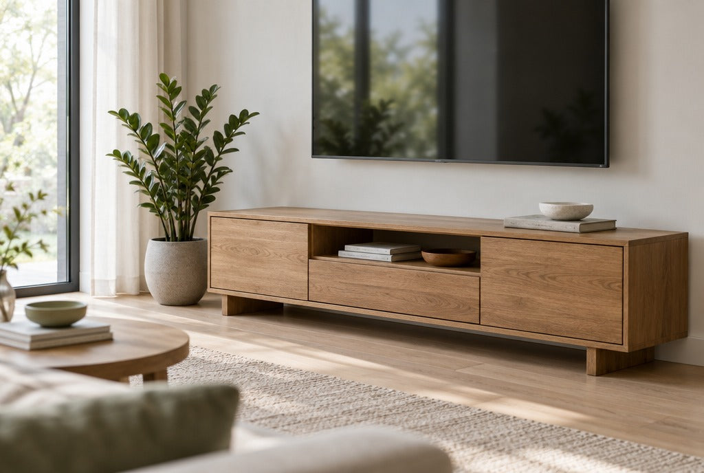 A low solid wood TV console with drawers and an open shelf under a wall-mounted TV in a bright living room, a plant beside it