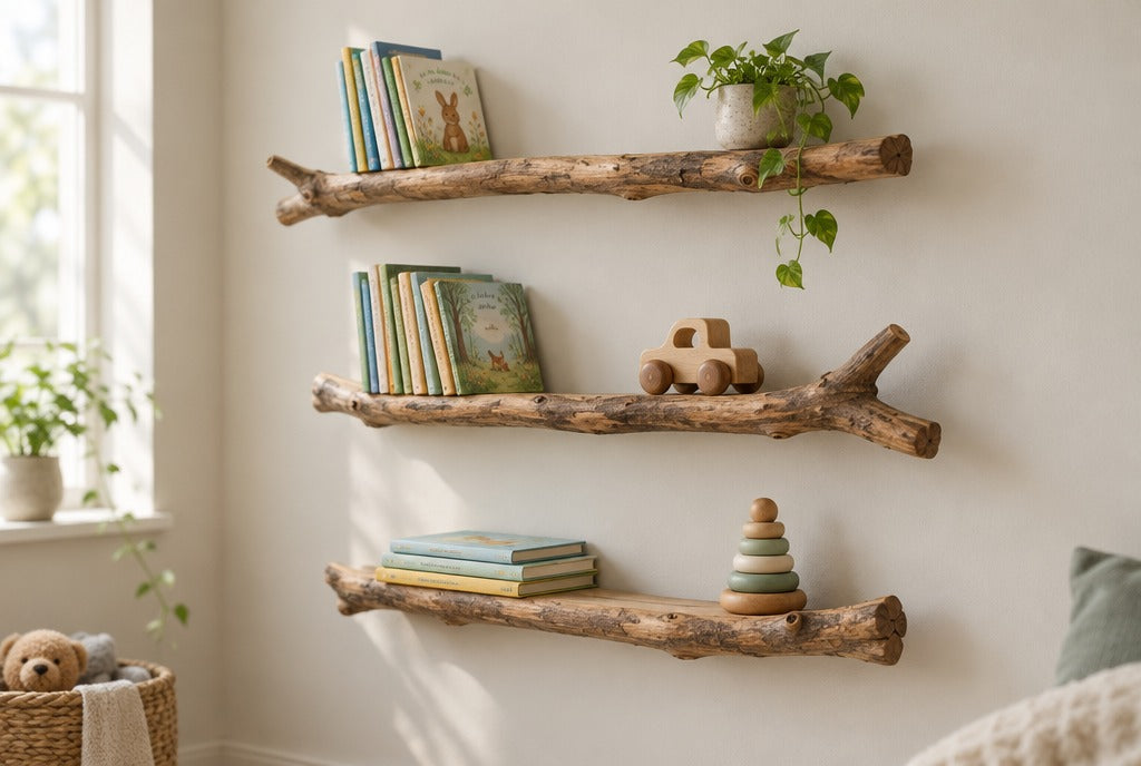 Floating solid wood tree branch shelves on a pale wall holding children’s books, a small plant and a wooden toy, soft daylight