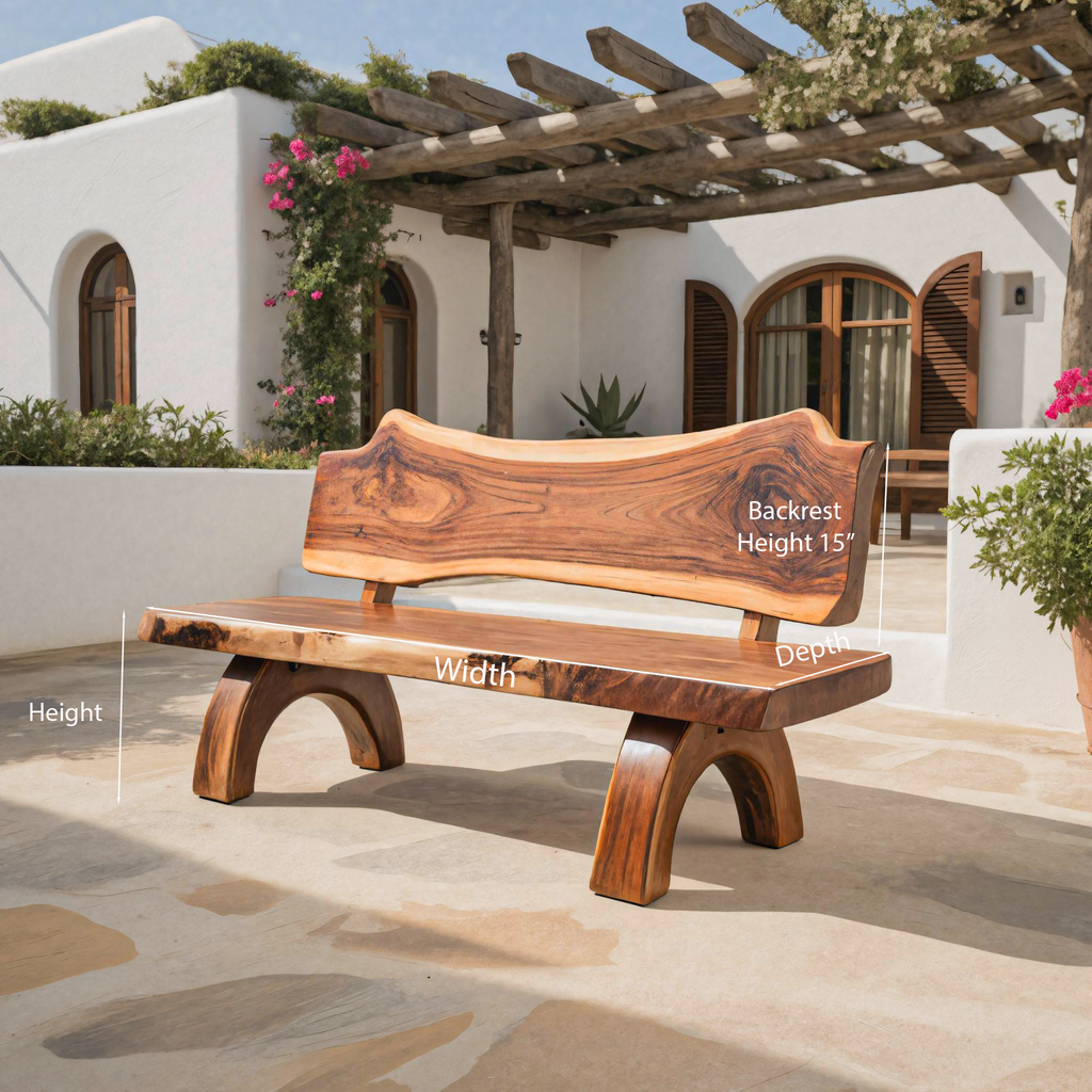 Rustic Live Edge Bench With Backrest For Patio Garden Courtyard
