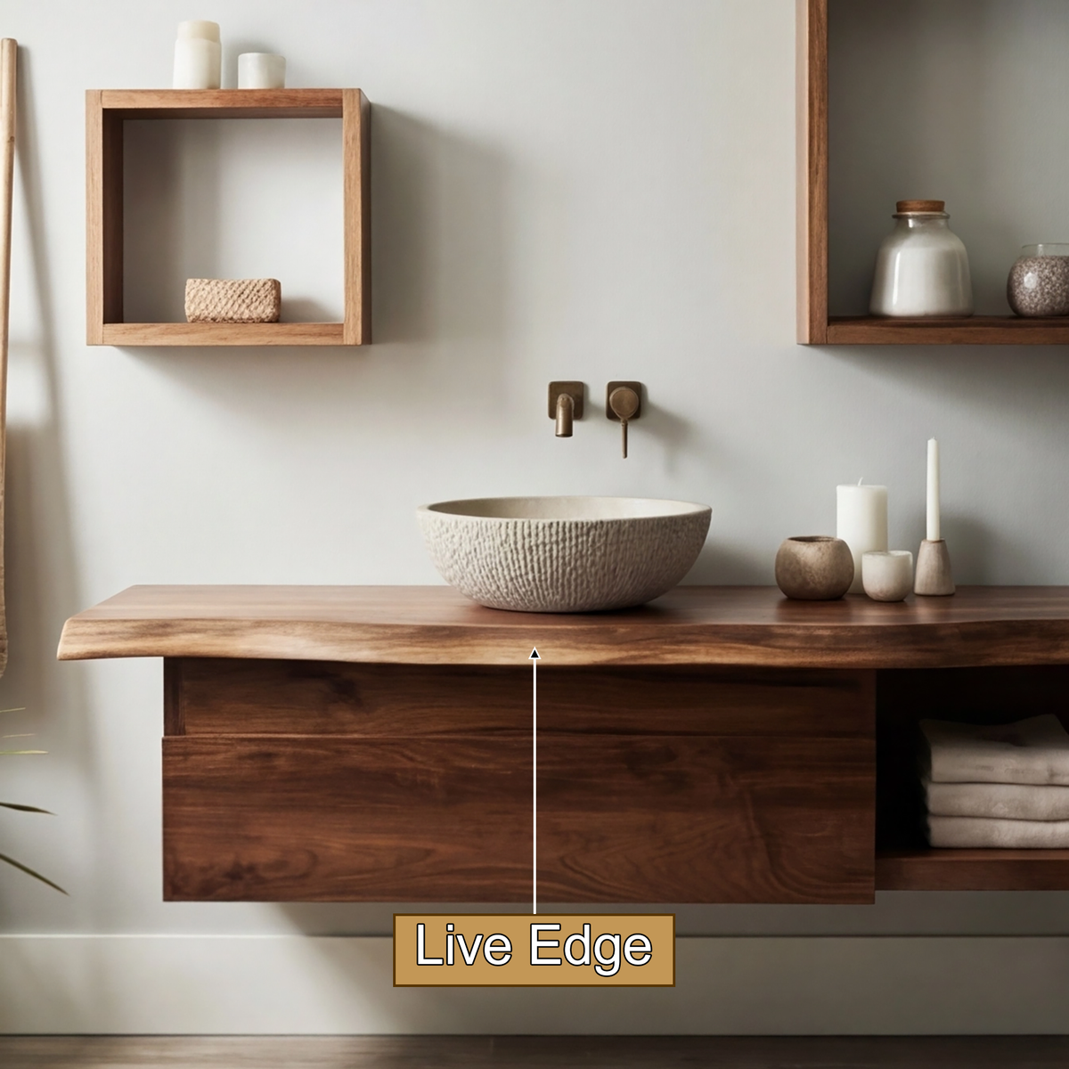 Aurelion Live Edge Solid Wood Floating Bathroom Vanity With Drawers