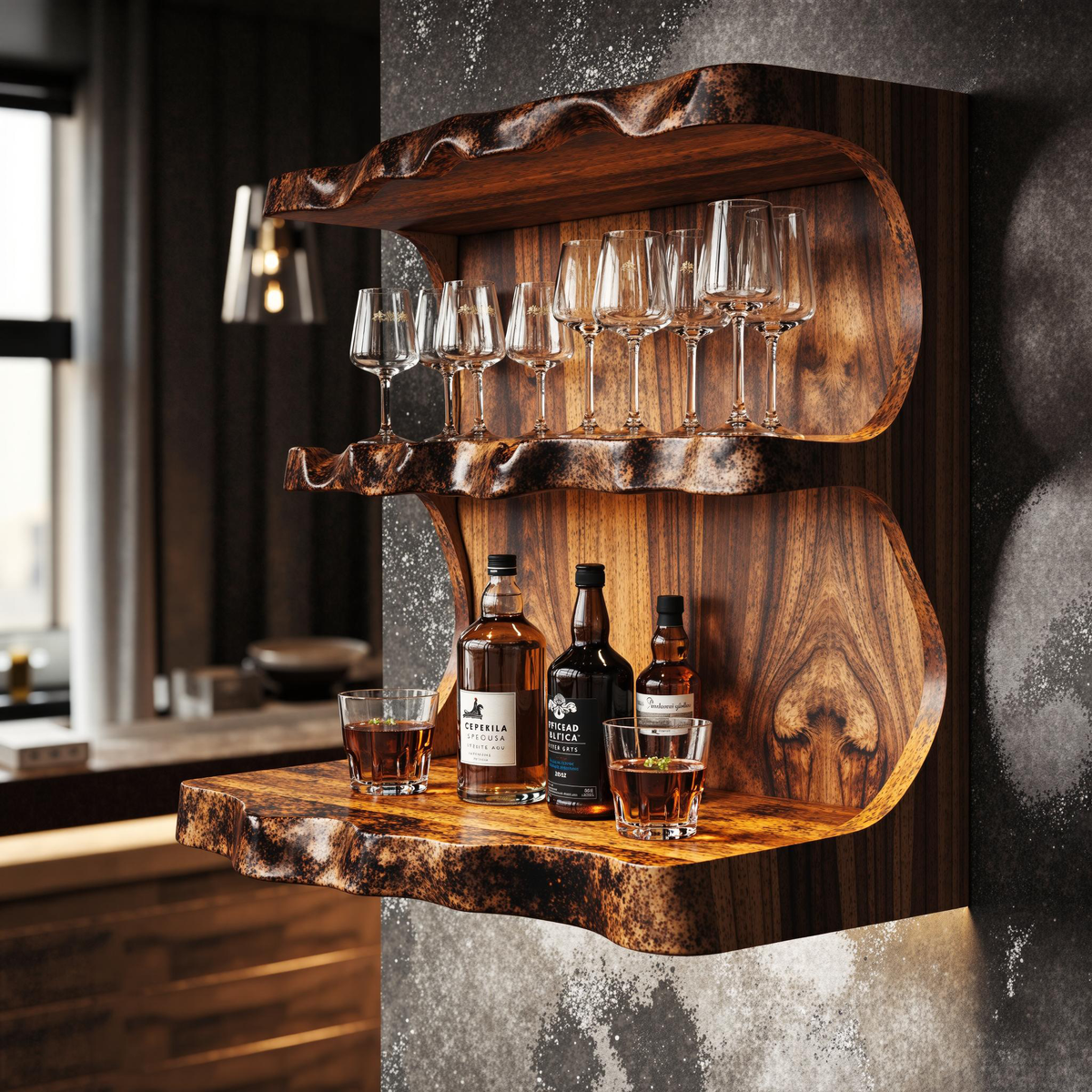 Stylish Vintage Natural Wood Wine Bar Shelf For A Cozy Space