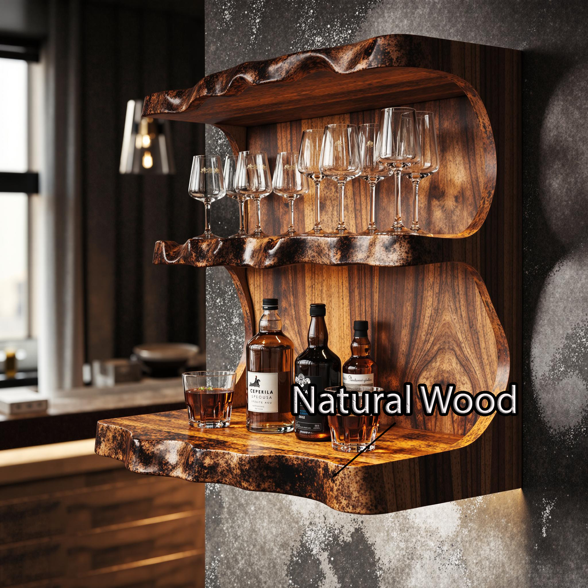 Stylish Vintage Natural Wood Wine Bar Shelf For A Cozy Space