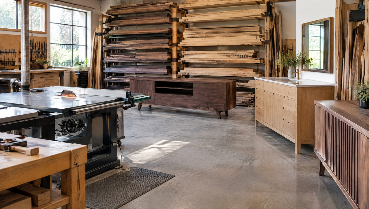 Inside an organized woodworking shop with lumber racks and finished consoles